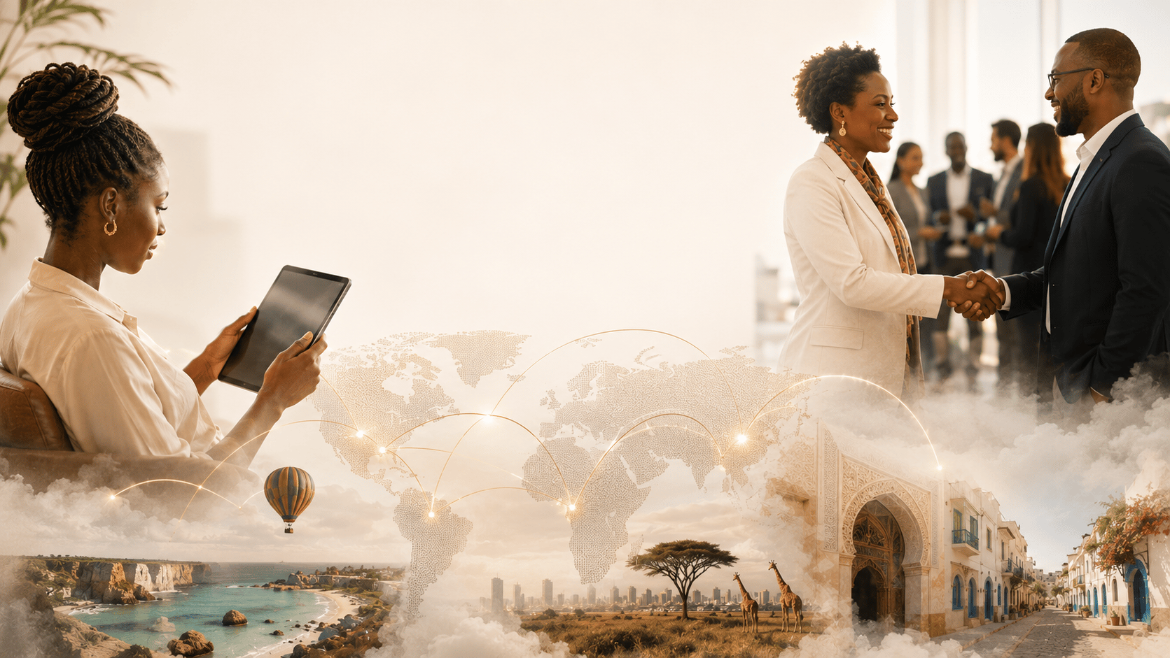 A businesswoman video-calling on a tablet and two partners shaking hands, with African cities, coastline and landmarks connected across a world map
