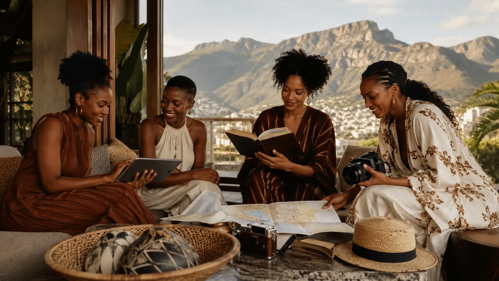 A group of women laughing together over a map and books on a terrace, with Table Mountain in the background