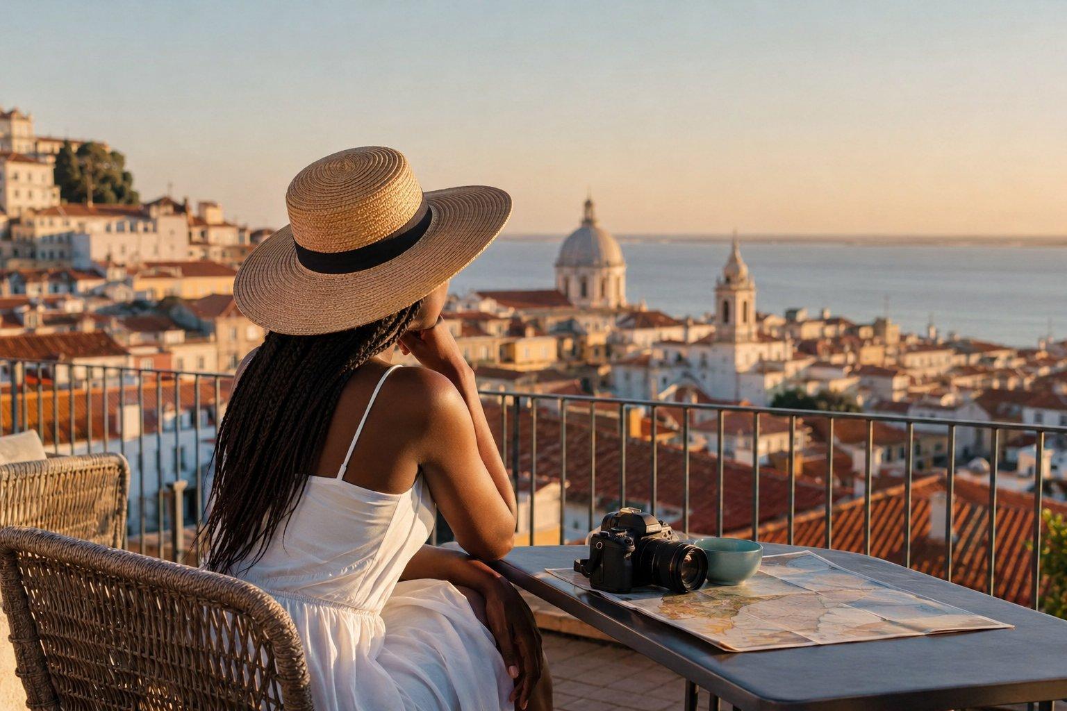 A woman wearing a wide-brimmed sun hat sits on a rooftop terrace overlooking a historic coastal city at sunset. A camera, map, and coffee cup rest on the table beside her as she quietly takes in the view, capturing the anticipation, confidence, and freedom of independent travel.