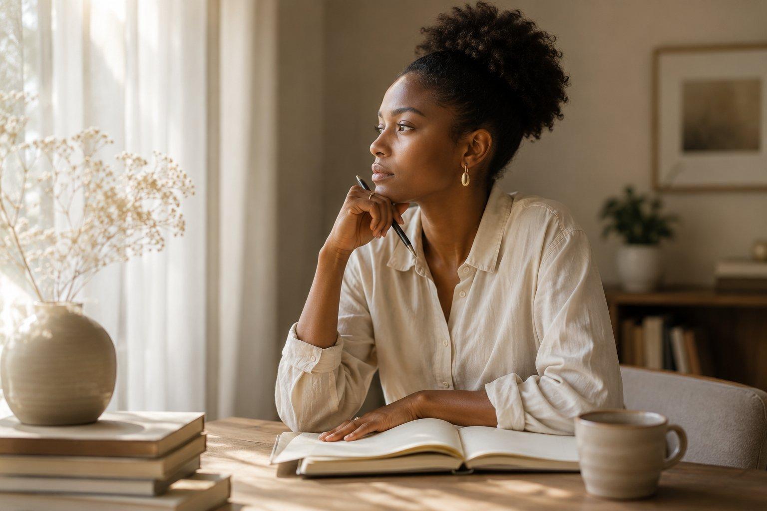A thoughtful young Black woman sits by a sunlit window writing in a journal, reflecting quietly in a warm minimalist workspace that symbolizes evidence-based confidence and personal growth.
