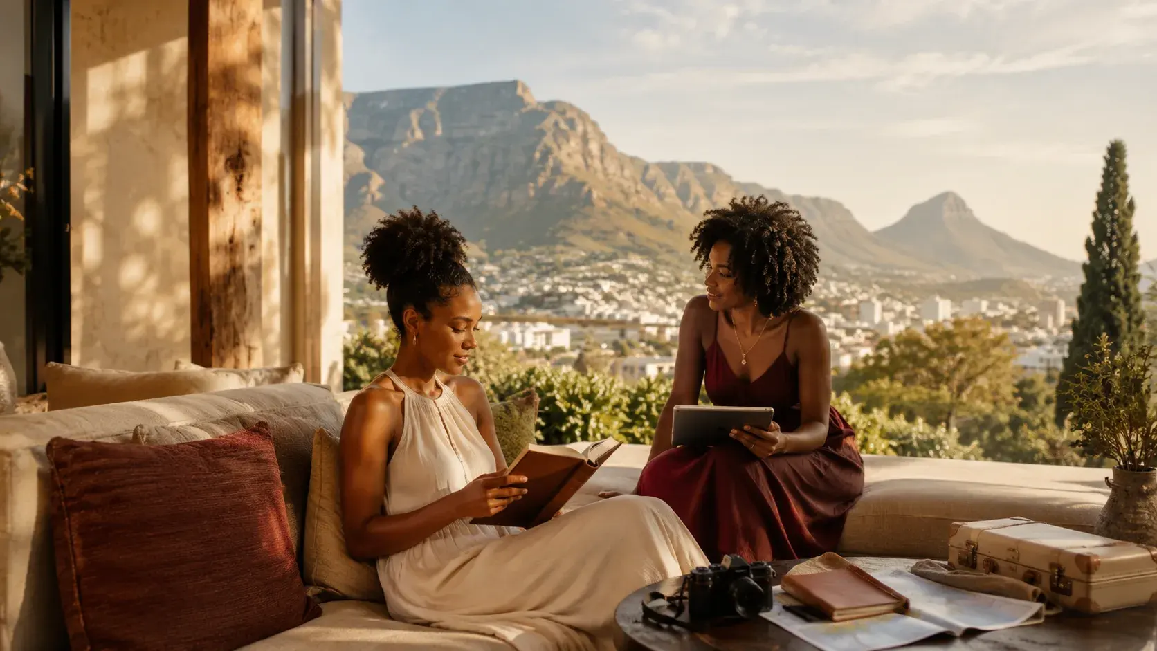 Two women reading and talking on a sunlit terrace overlooking Table Mountain and the city below