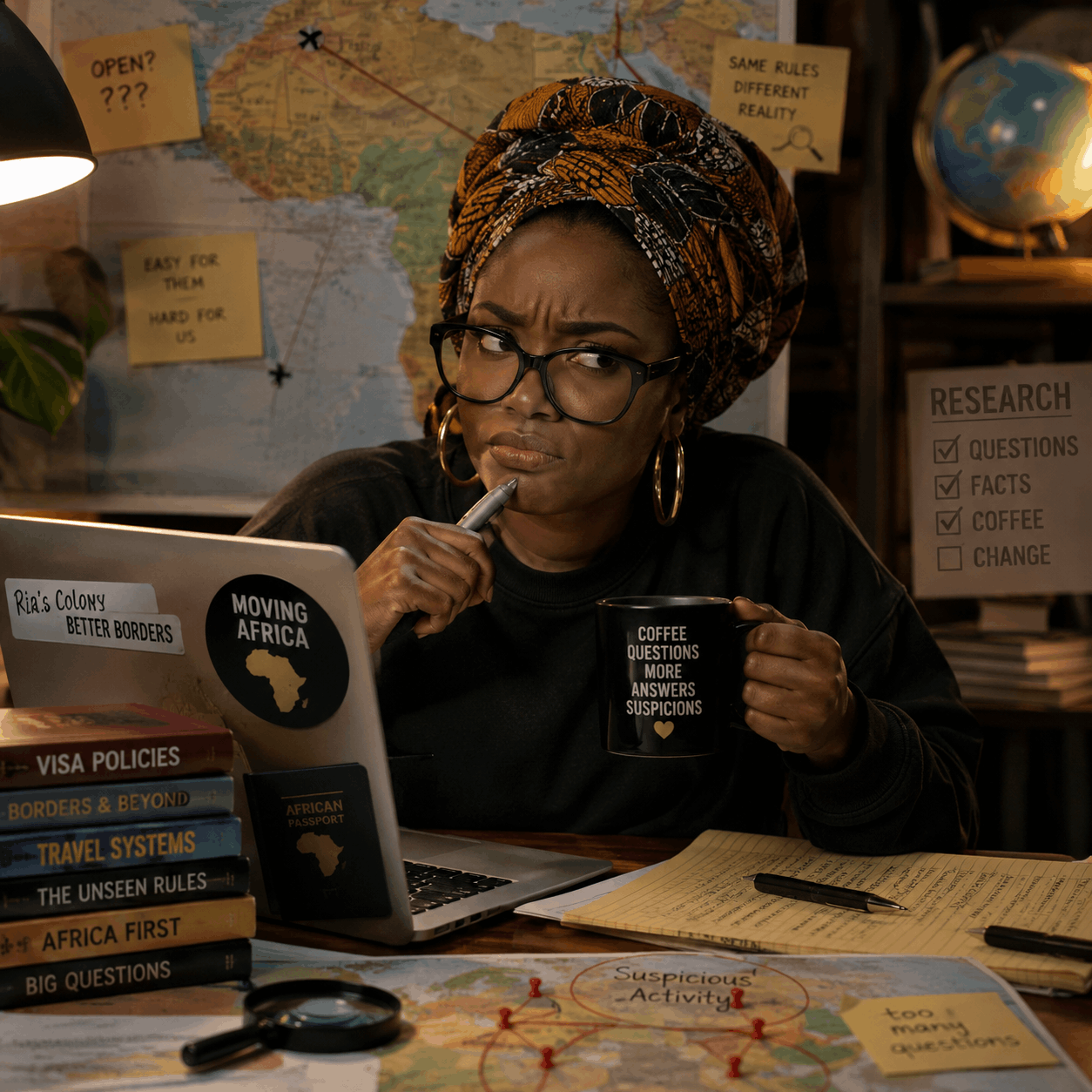 Black woman examining a passport with a magnifying glass, giving a suspicious side-eye while researching African visa policies at a desk surrounded by travel documents, books, maps and notes.