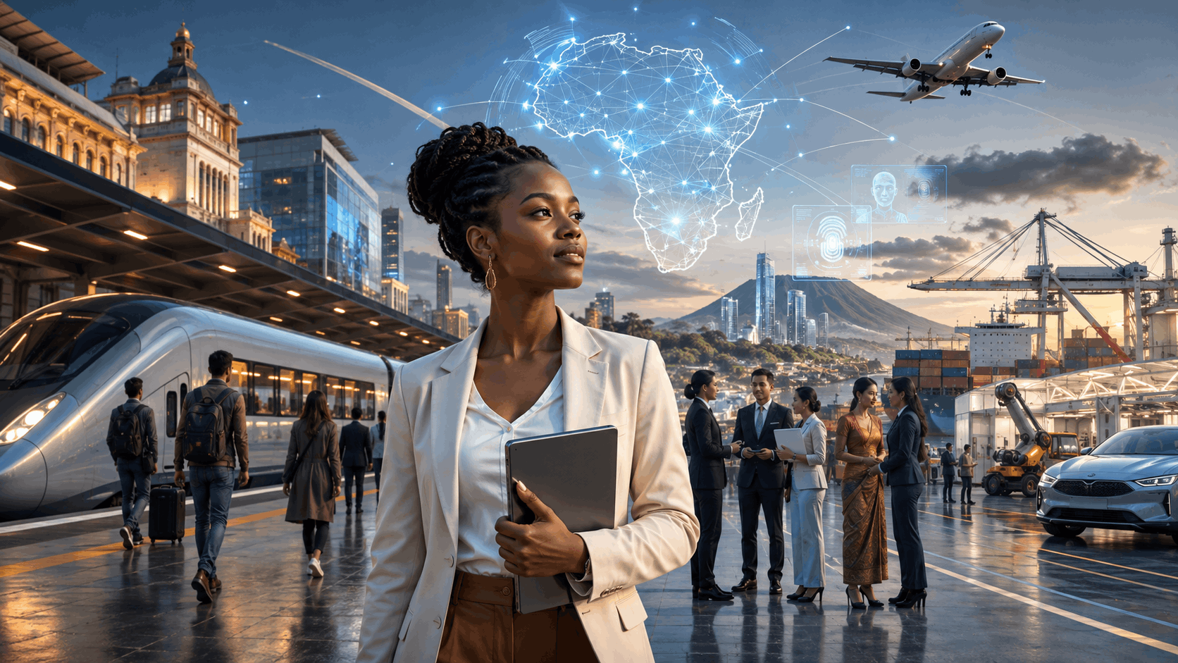 A confident young African woman holding a tablet stands in the foreground of a photorealistic global transit scene, with a high-speed train, airplane, shipping port, business professionals and a glowing digital map of Africa behind her, symbolising cross-border trade, mobility and trust-building across AfCFTA.