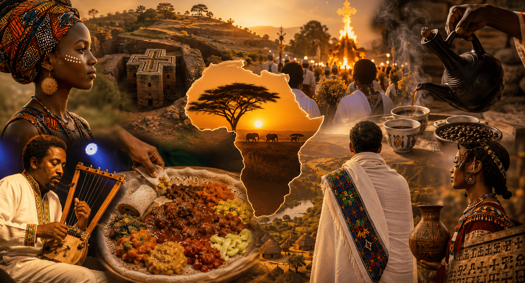 Warm collage celebrating African culture, featuring traditional clothing, Ethiopian coffee, injera, music, festivals, rock-hewn churches, crafts and landscapes surrounding a glowing map of Africa at sunset.