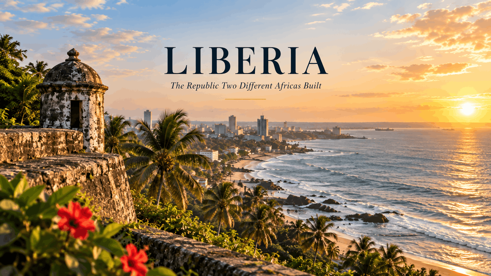 Wide sunset view of Liberia’s coast with palm trees, historic stone architecture, ocean waves and the Monrovia skyline, overlaid with the title “Liberia: The Republic Two Different Africas Built.”