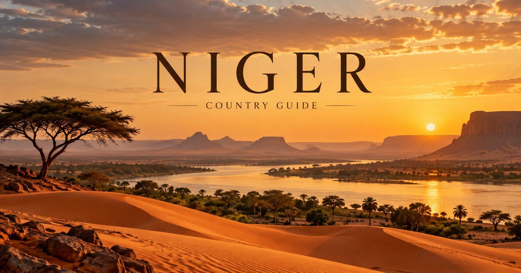 Wide featured image for the Niger Country Guide showing golden Sahel dunes, the Niger River, acacia trees and distant rocky plateaus at sunset, with “NIGER” and “Country Guide” overlaid.