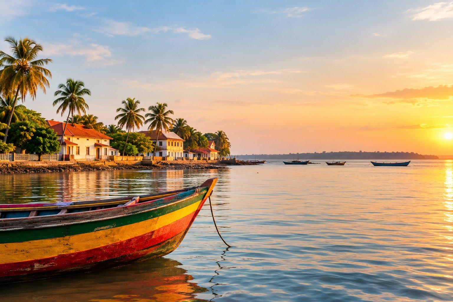 Golden-hour view of Guinea-Bissau’s waterfront with a colorful wooden fishing boat in the foreground, palm-lined buildings along the shore and boats across the calm water.