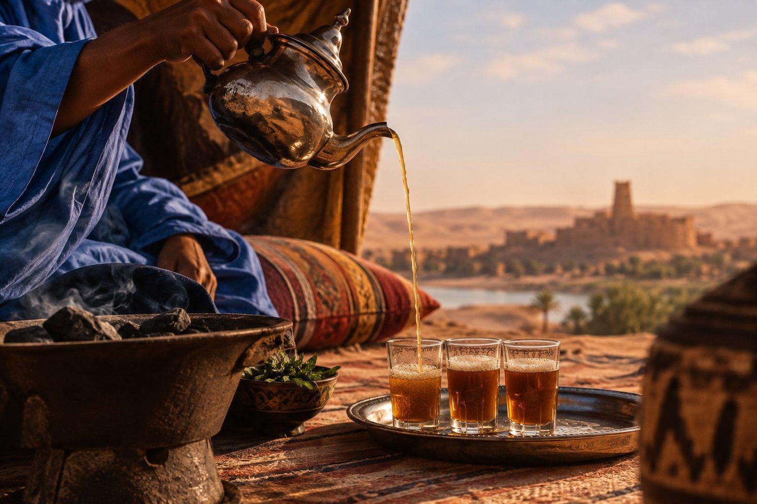 Mauritanian tea ceremony with three glasses of mint tea being poured from a traditional teapot beside a charcoal brazier, with desert scenery and an oasis in the background.