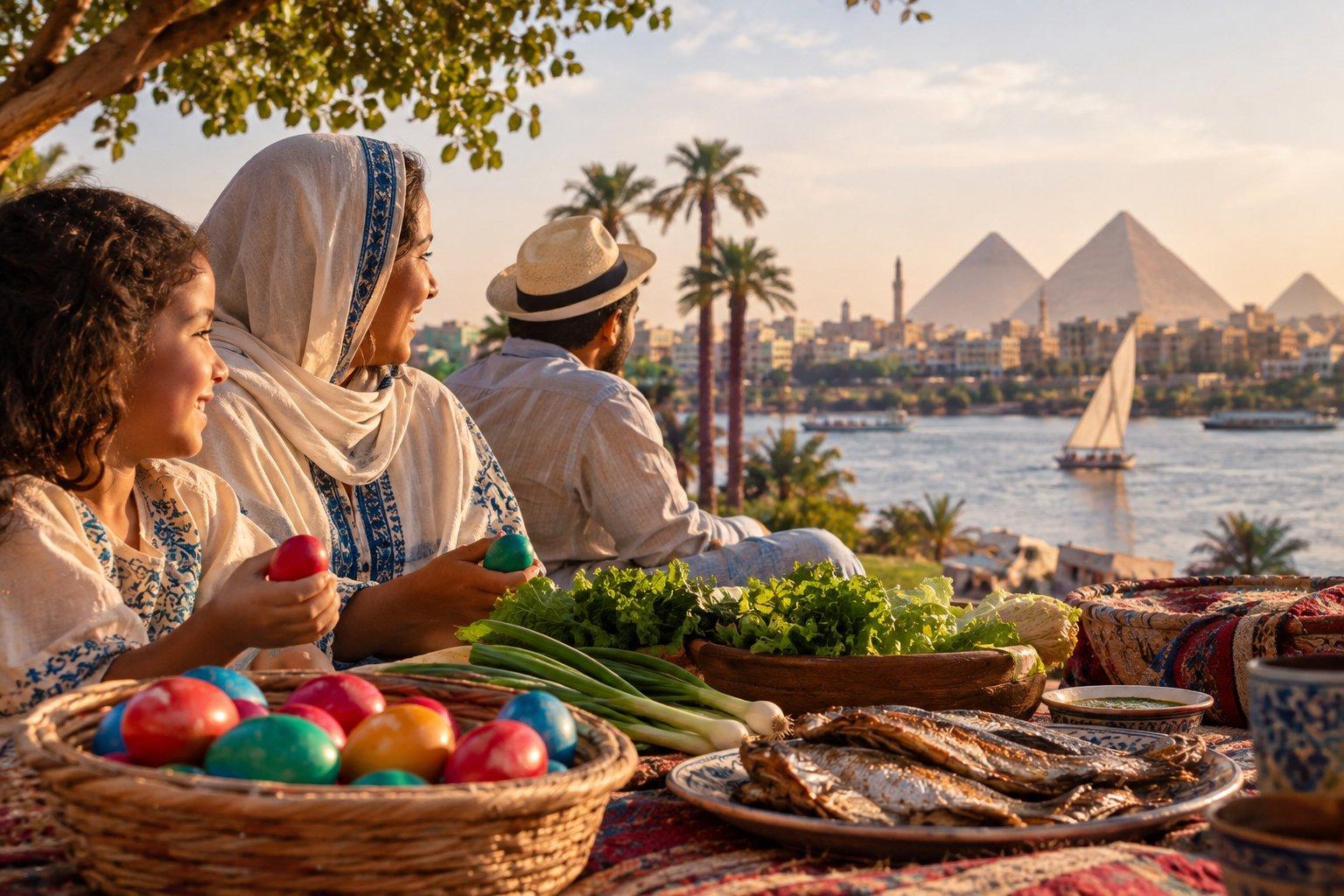 Egyptian family enjoying a springtime picnic beside the Nile with colorful eggs, greens and fish, with palm trees, boats and the pyramids in the background.