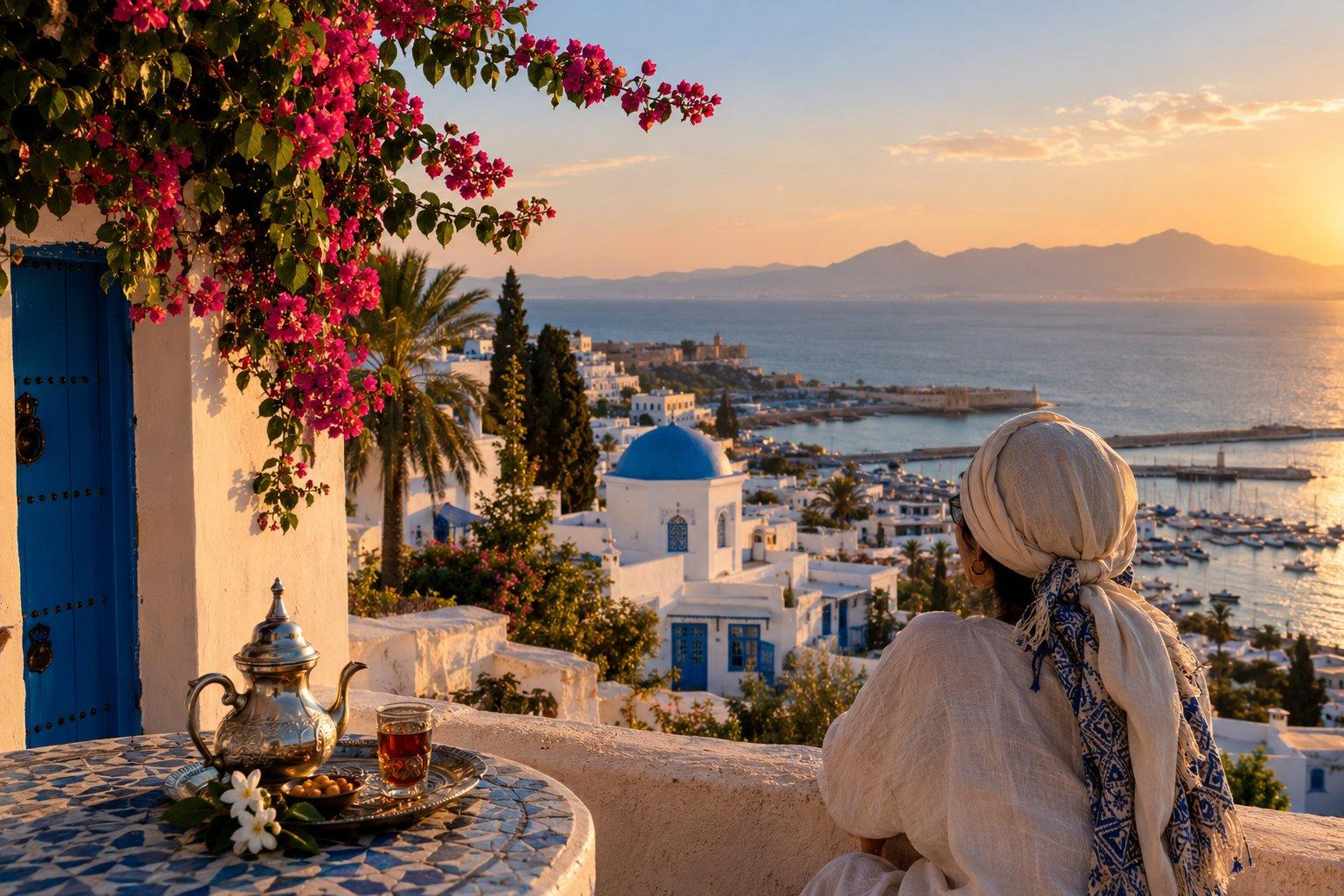 Photorealistic golden-hour view of a blue-and-white Tunisian coastal town, with a woman in traditional-inspired clothing overlooking the sea from a terrace framed by bougainvillea, a blue doorway, and a mosaic table with Tunisian tea.